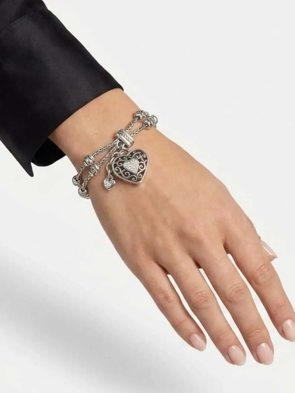 Brighton Silver Plated Braided Bracelet w Pink Ribbon Heart Charm Meridian